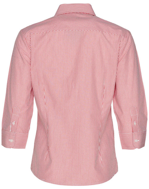 A women's 3/4 sleeve button-up shirt featuring red and white stripes, with a classic collar and a logo.