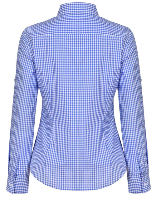 A blue and white gingham check roll-up long sleeve shirt with a button-up design and a branded logo.