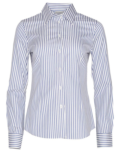 A button-up shirt featuring blue and white sateen stripes with a collared neckline and long sleeves. It has a logo on the label.
