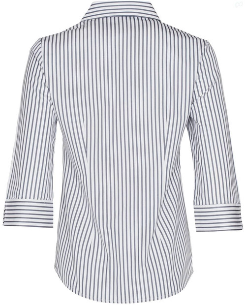 A white and navy striped women's 3/4 sleeve button-up shirt with a collar. Features a logo on the label.
