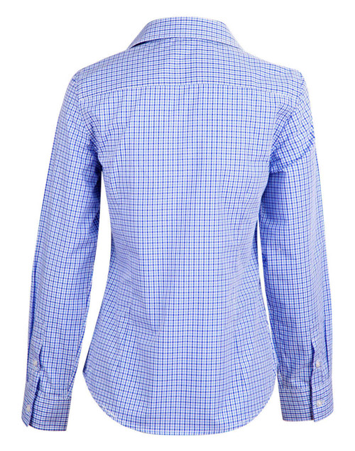 A blue and white check long-sleeve button-up shirt, featuring a fitted design and a collar. It has a logo on the fabric.