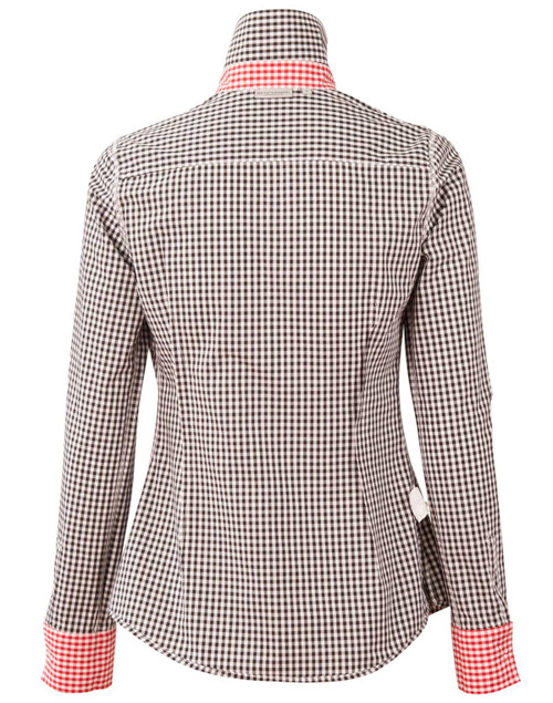 A women's roll-up long sleeve shirt featuring a black and white gingham check pattern with contrasting pink cuffs.