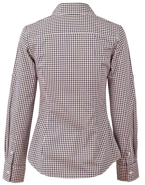 A women's long-sleeve shirt in a brown and white gingham check pattern with roll-up sleeves and a fitted design.