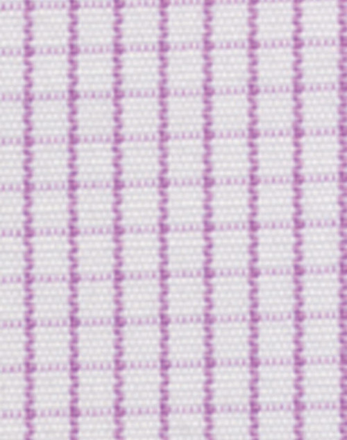 A close-up of fabric featuring a mini check pattern in white and light purple.