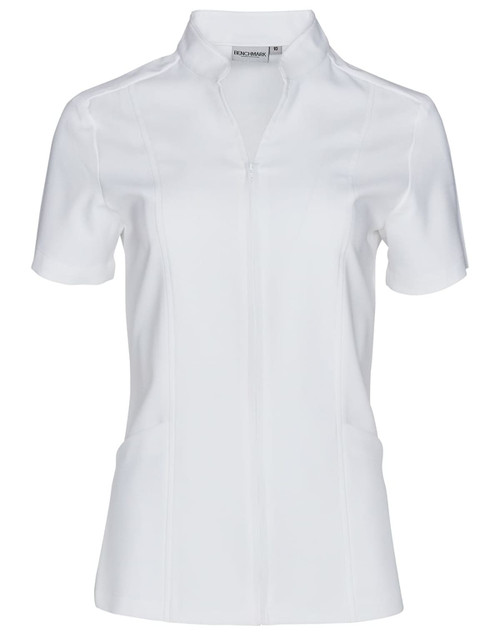 A white short sleeve tunic with a full zip front, featuring a fitted design and a logo.