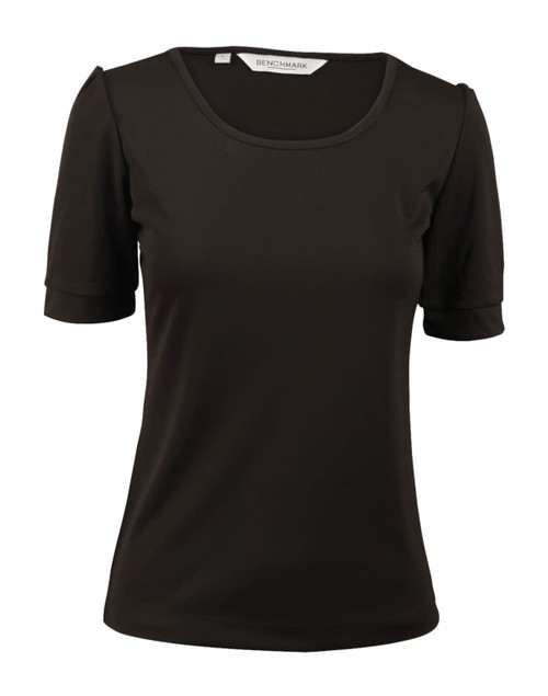 A women's black scoop neck T-shirt with short sleeves and a slight gathering at the sleeves. It features a logo.