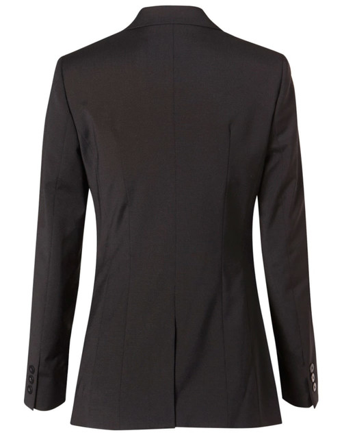 A women's mid-length jacket in black, featuring a tailored fit and a back vent. Includes button details on the sleeves.