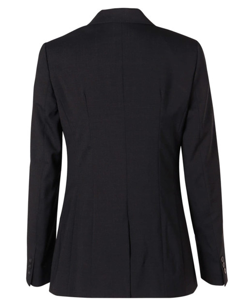 A black women's mid-length jacket with a fitted back and long sleeves, featuring a single vent and buttoned cuffs.