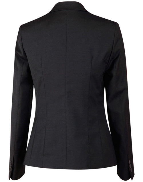 A black ladies' wool blend stretch cropped jacket with a one-button closure and tailored fit, featuring a sleek back design.