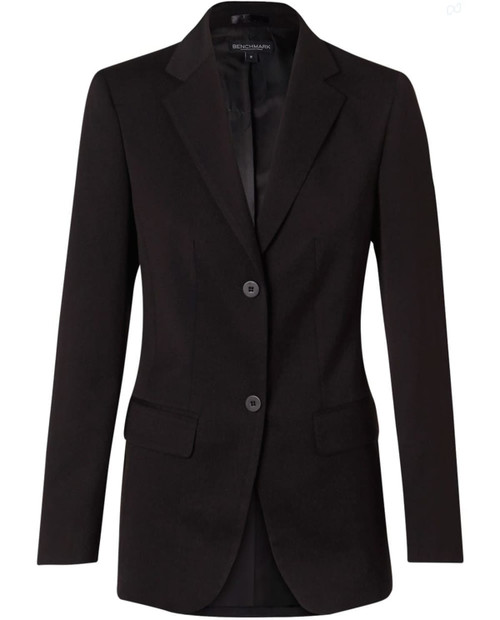 A black mid-length jacket with two buttons and a fitted design. Features pockets and a logo on the label.