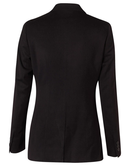 A black women's cropped jacket with a single button and long sleeves, featuring a tailored back design.