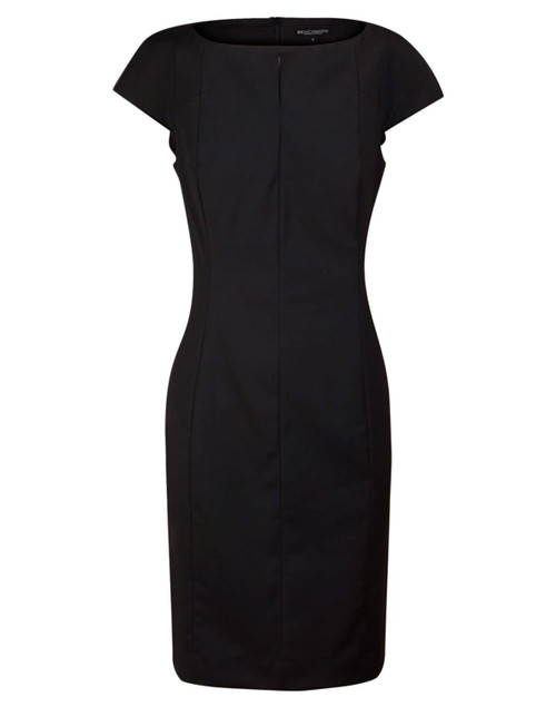A black cap sleeve dress featuring a fitted silhouette and pleated detailing, designed in a wool blend stretch fabric.