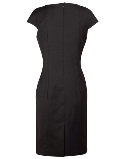 A fitted black wool blend dress with cap sleeves and a back zipper. The dress features tailored seams and a sleek silhouette.