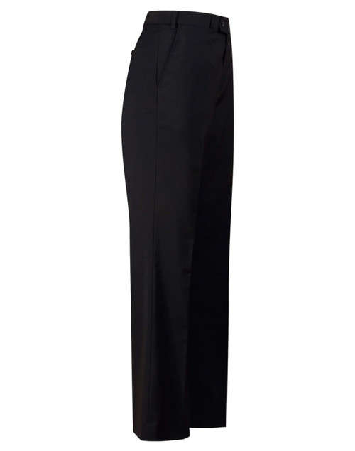 Men's black wool blend stretch flexi waist pants displayed from the side. Features a smooth, tailored silhouette.