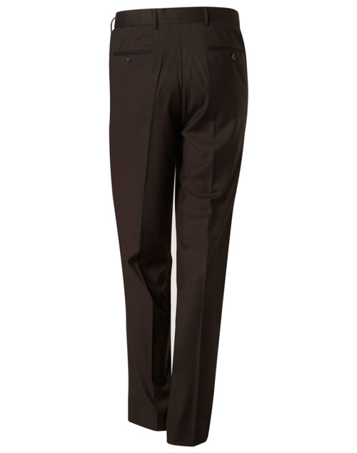 Brown men's polyviscose stretch pants with a tailored design, featuring two back pockets and a logo.