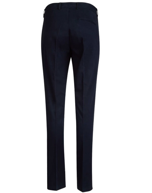 Navy ladies' chino pants viewed from the back, featuring a fitted design and a rear pocket. Includes a logo.