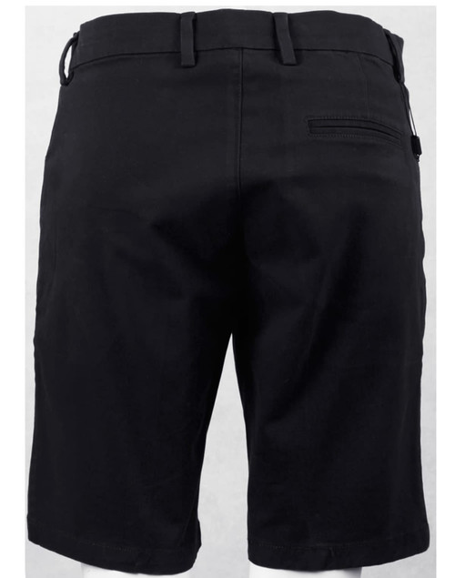 Black stretch cotton chino shorts featuring a back pocket and a waistband with belt loops.
