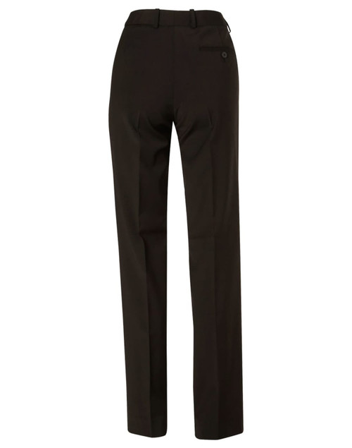 Black women's slim leg flexi waist pants made from wool stretch fabric, featuring a single back pocket and waistband.