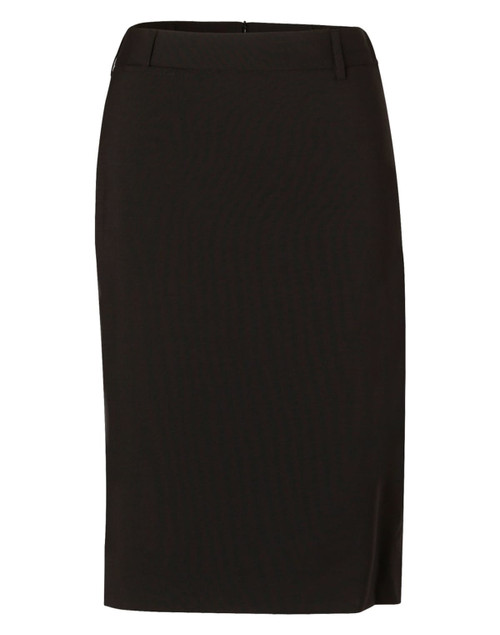 A women's mid-length lined pencil skirt in black wool stretch, featuring a sleek design and waistband.