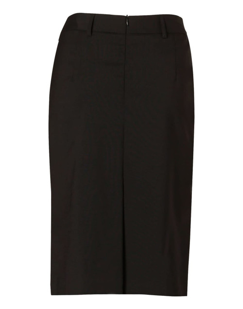 A black mid-length lined pencil skirt made from wool stretch fabric, featuring a zip closure and belt loops.