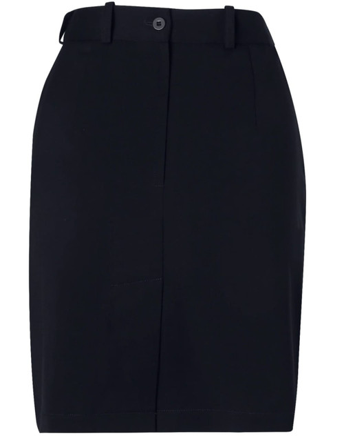 A black utility skirt featuring a fitted design, button closure, and pockets, with a logo on the waistband.