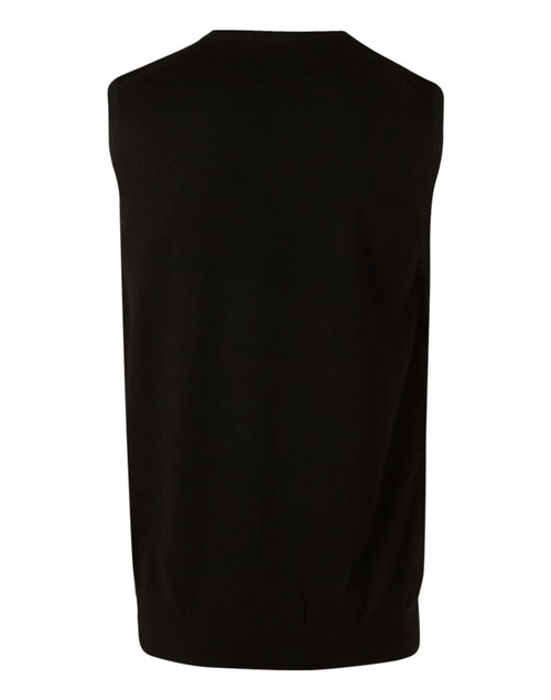 A black men's 100% Merino wool V-neck vest displayed from the back, featuring a simple design and no sleeves.