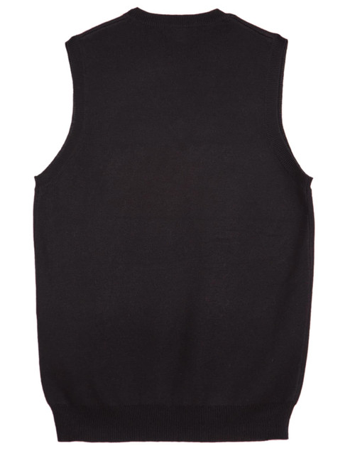 A black women's V-neck vest with a sleeveless design and a ribbed hem, featuring a logo.