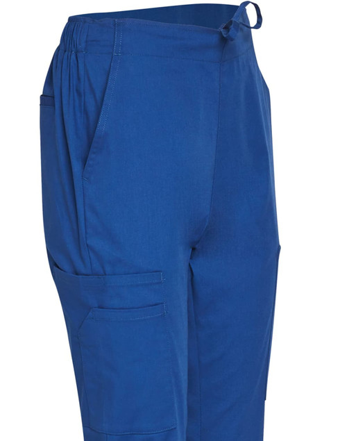 Solid blue ladies' scrub pants with an elastic waistband and side pockets, featuring a logo on the fabric.
