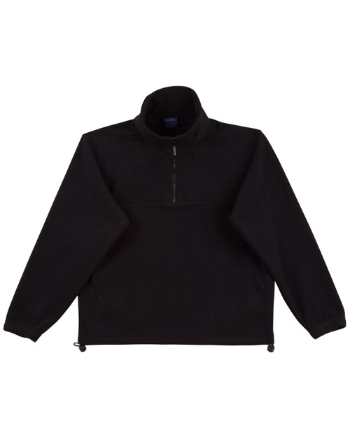 A black unisex polar fleece long-sleeve jumper with a half-zip and elasticised cuffs. Features a logo.