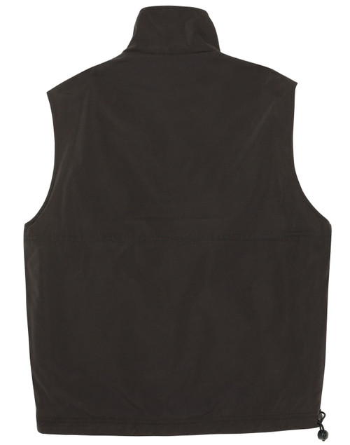 A unisex reversible vest in dark green with a standing collar and a drawstring hem. Features a logo.