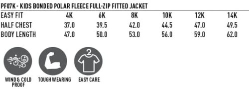 A kids bonded polar fleece full zip jacket in various sizes, featuring a logo, windproof and tough-wearing materials.
