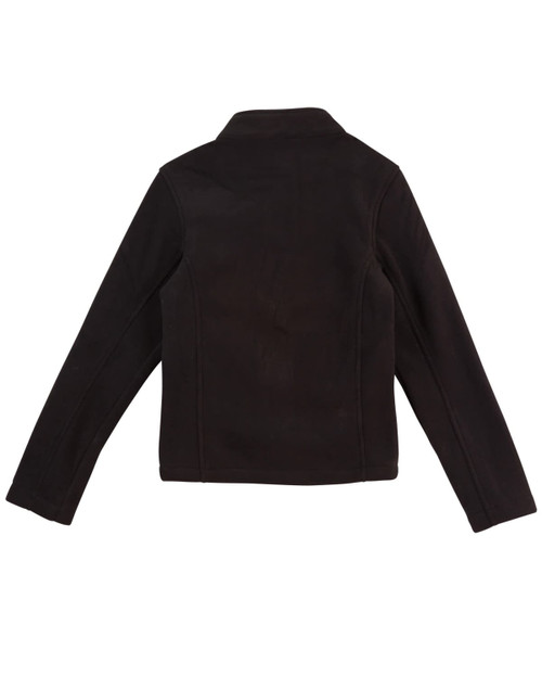 A black polar fleece jacket with a collar, featuring long sleeves and a plain back, including a logo.