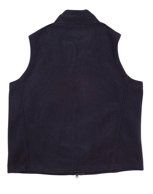 A navy blue Diamond Fleece Vest for men with a collar and no sleeves, featuring a branding logo.