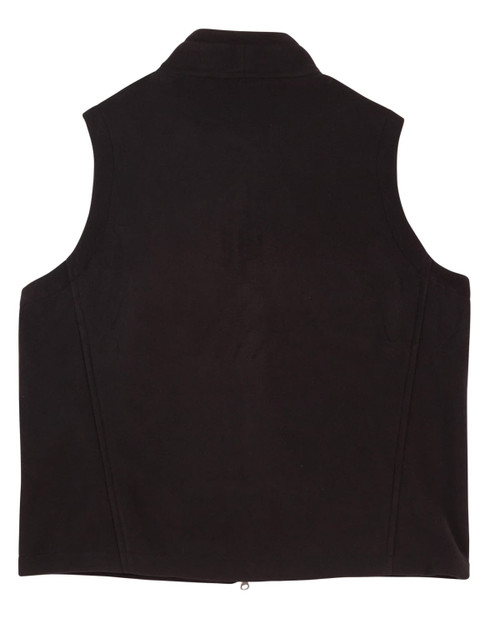 A black fleece vest for kids featuring a collar and no sleeves, with a smooth back design.