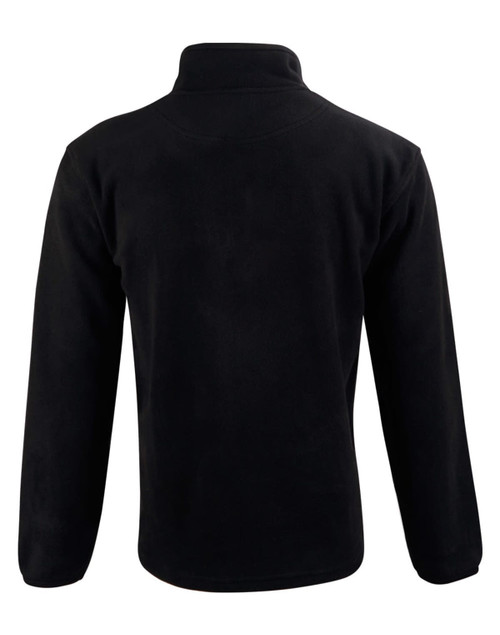 A black half zip polar fleece pullover with long sleeves and a standing collar, featuring branding.