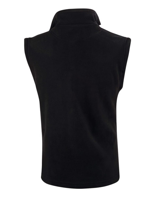 A black polar fleece vest with a high collar and no sleeves, featuring a logo on the back.