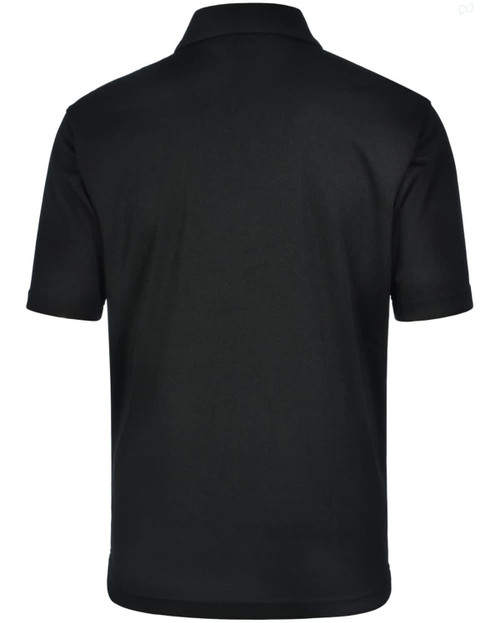 A black men's polo shirt featuring a collar and short sleeves, with a logo on the side.