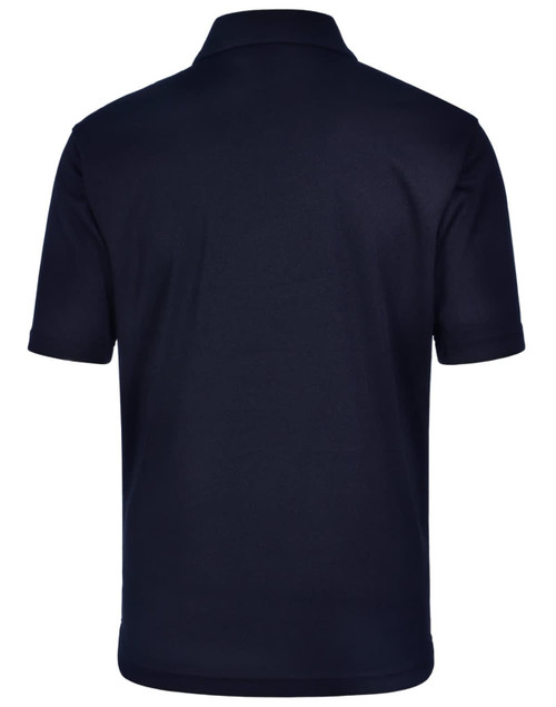 A plain navy blue men's polo shirt featuring a collar and short sleeves, with a logo on the back.