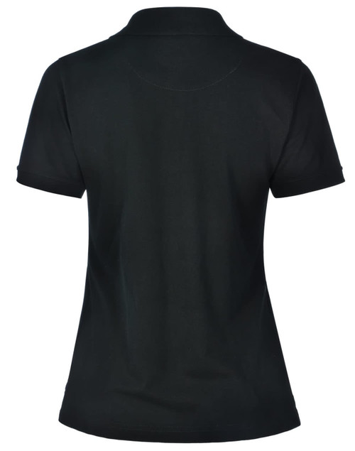 A black ladies' polo shirt featuring a classic collar and short sleeves. The back view showcases a smooth design and fitted silhouette.