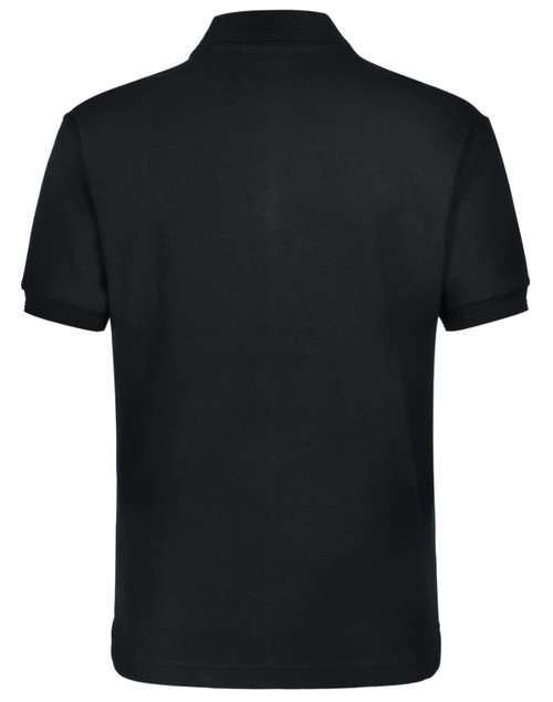 A black men's pure cotton polo shirt featuring contrast piping and a logo. Back view of the shirt displayed.