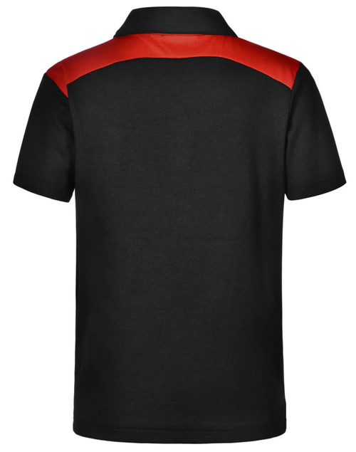 A black polo shirt with red detailing on the shoulders, featuring a collar. It has a logo on the front.