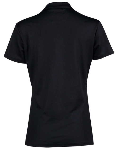 A black short sleeve polo shirt featuring a polo collar and a logo on the back.