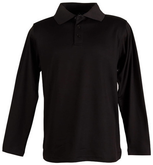 A black long sleeve polo shirt with a collar and three buttons, featuring a logo on the chest.