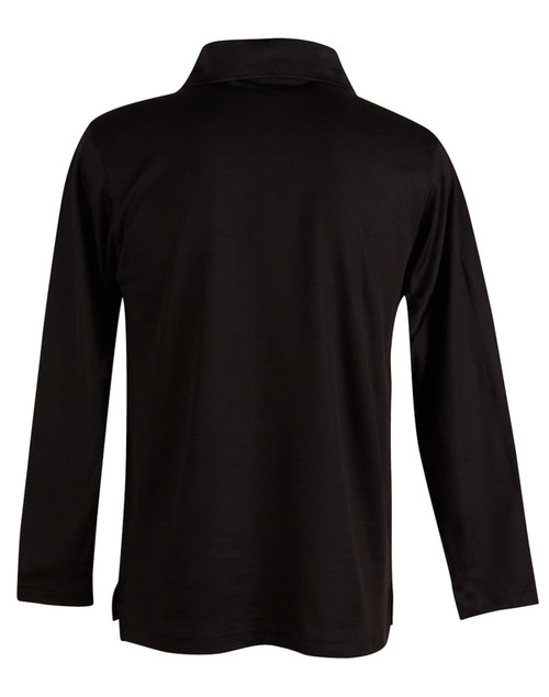 A black long sleeve polo shirt with a collar and a back view. It features a logo.