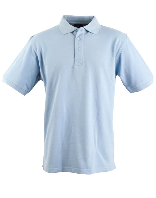 A light blue Men's Longbeach Polo shirt with a classic polo collar and short sleeves, featuring a logo.
