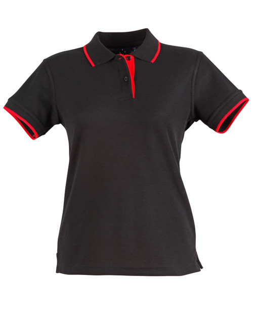 A black polo shirt with red collar and sleeve detailing, featuring a logo on the chest area.