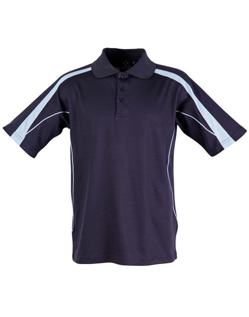 A navy blue polo shirt with light blue accents and a collar, featuring buttons and a logo.