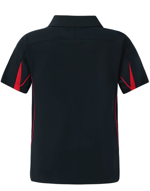 A navy blue kids' polo shirt featuring red accents and a logo, designed in a short sleeve style.