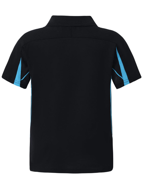 A black polo shirt with blue side accents, featuring a collar and short sleeves. It has a branding logo.