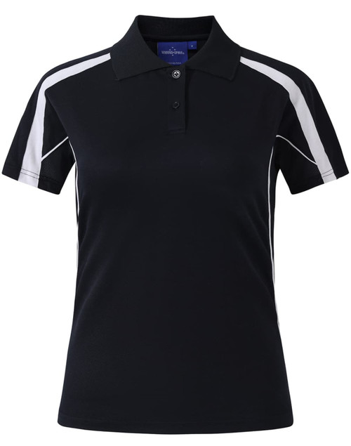 A navy blue polo shirt with short sleeves, featuring contrasting white side panels and a logo.